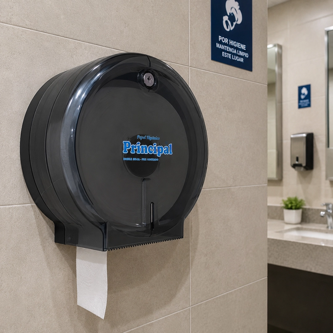 Papel jumbo instalado en baño institucional para empresas hoteles restaurantes y oficinas